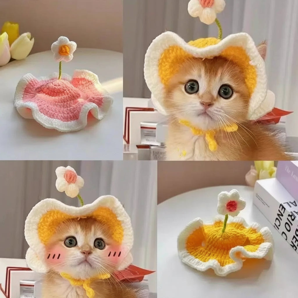 Bonnet fleur en crochet pour chat