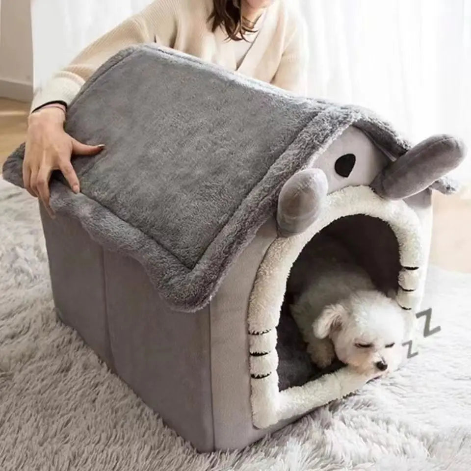 Niche douillette grise pour chat vue de face